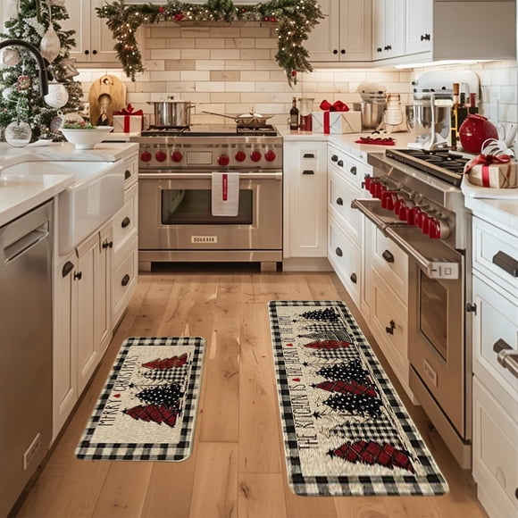 Vaidha Christmas Kitchen Rugs 2-Piece Set Non-Slip Backing Merry Xmas Holiday Floor Mats for Kitchen Decor 16x24in & 16x48in