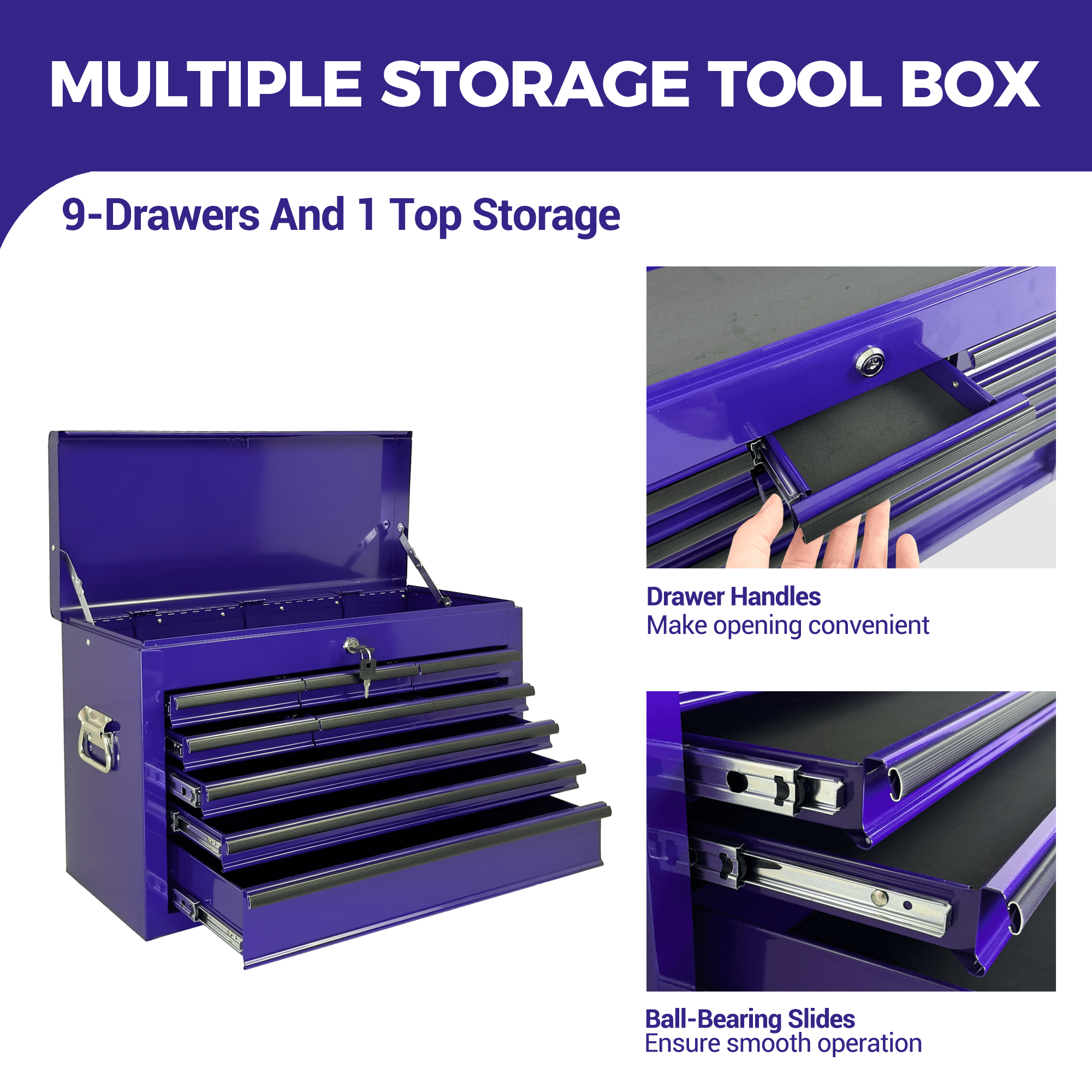 Heavy Duty Metal Tool Box,24 Inch Portable Tool Chest with 9 Drawers, Ball Bearing Slide Drawers with Auto-Locking System, Lockable Top Box Tool Organizer for Garage, Workshop, Truck,Purple