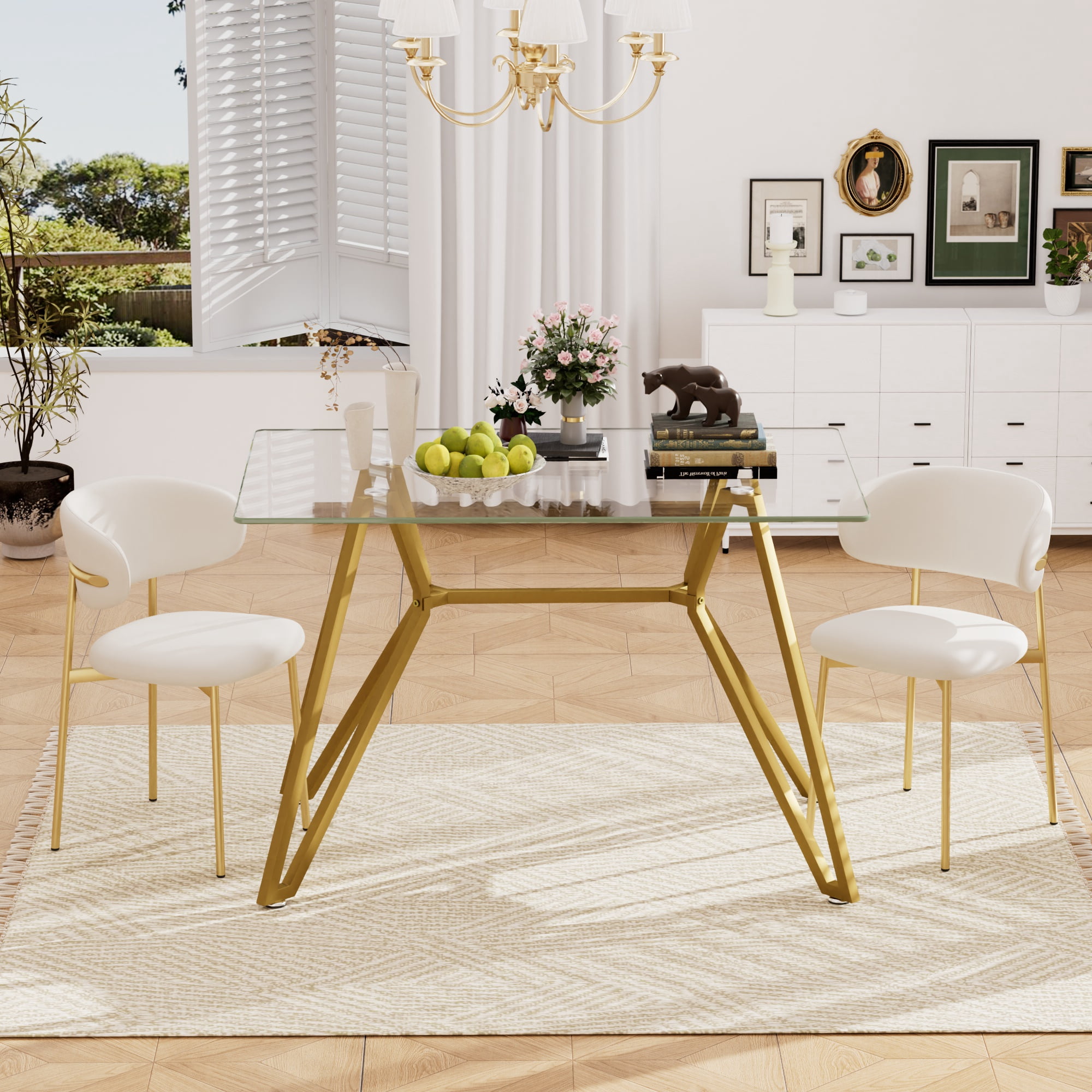 Miniyam 47.3" Rectangular Modern Glass Dining Table with Metal Legs for Dining Room and Office