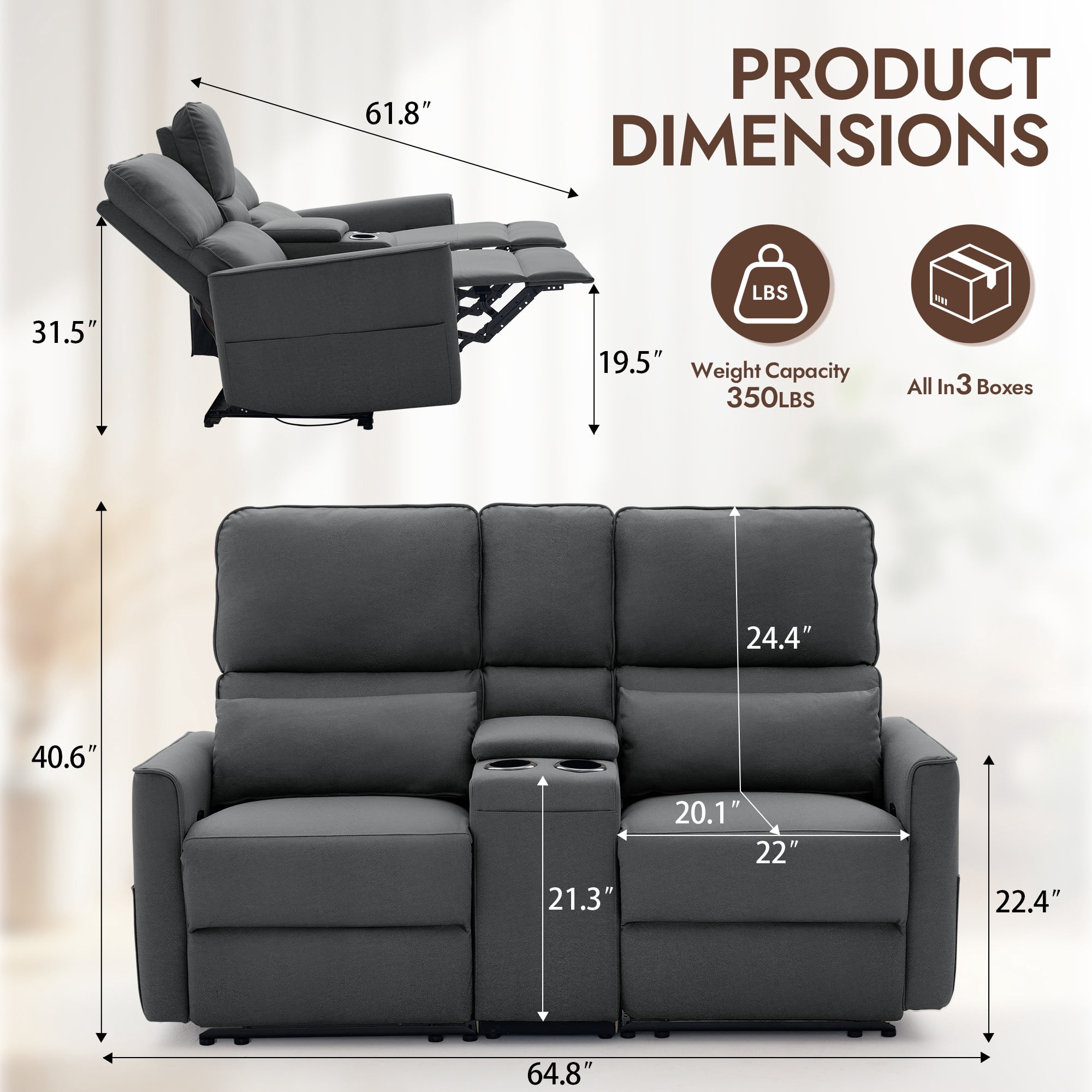 Korser 2-Seater Recliner Sofa with Pillow,Double Recliner Loveseat with Storage Console, Side Pockets, Cup Holders Manual Recliner Sofa for Living Room,Dark Grey