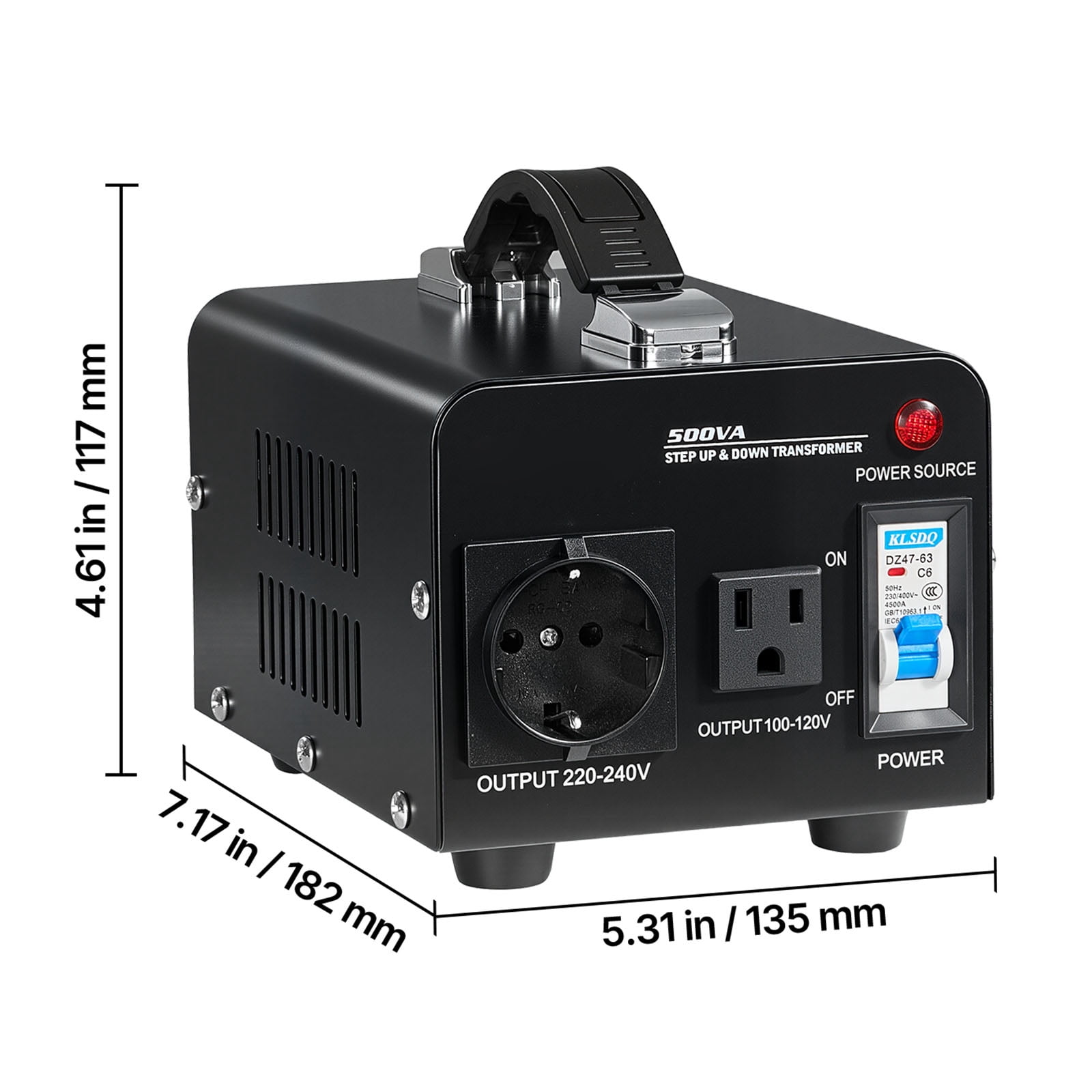 KFFKFF Voltage Converter Transformer, 500VA, Durable Step Up/Down Power Transformer, Switch Between 110V and 220V, Includes US and EU Outlets, Power Cord, and Circuit Breaker Protection