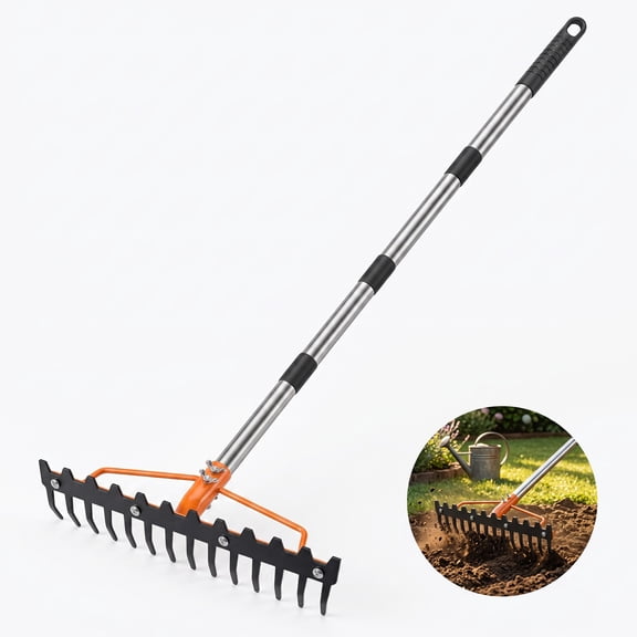 Heavy Duty Adjustable Garden Rake – Double-Sided Metal Soil & Leaf Rake with Stainless Steel Handle for Lawn Leveling, Tilling & Backyard Gardening