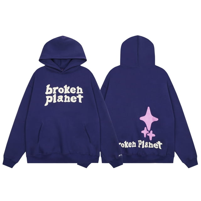 Broken Planet Letters Foam Print Loose Casual Plus Velvet Hooded Sweatshirt-24735 Purple-S