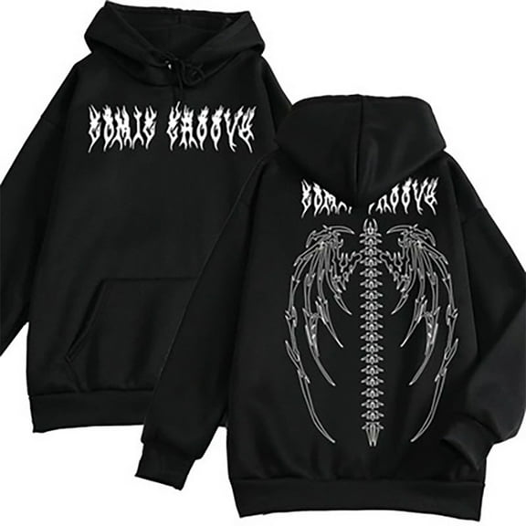 Yokua Women Men Gothic Punk Long Sleeve Hoodies Harajuku Evil Skeleton Wing Graphic Print Sweatshirt Hip Hop Oversized Loose Pullover Tops Streetwear