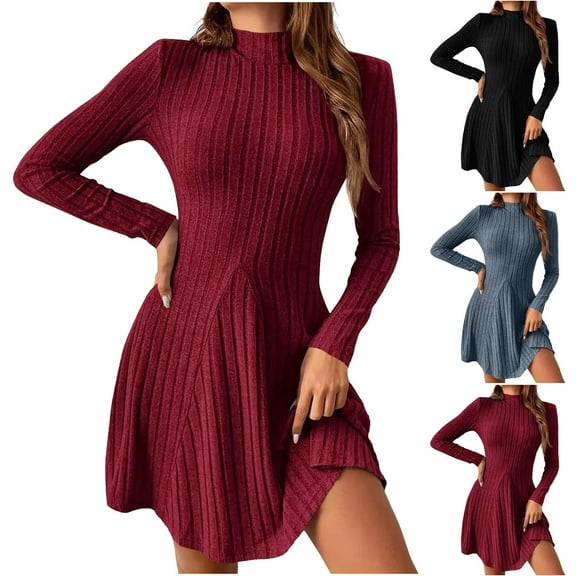 QLEICOM Long Sleeve Dress for Women,Fall Dresses,Women's Long Sleeve Bodycon Dress with Mock Neck and Defined Waist for Sleek Look A-Line Dress Ideal for Office Wear or Sophisticated Evening Out