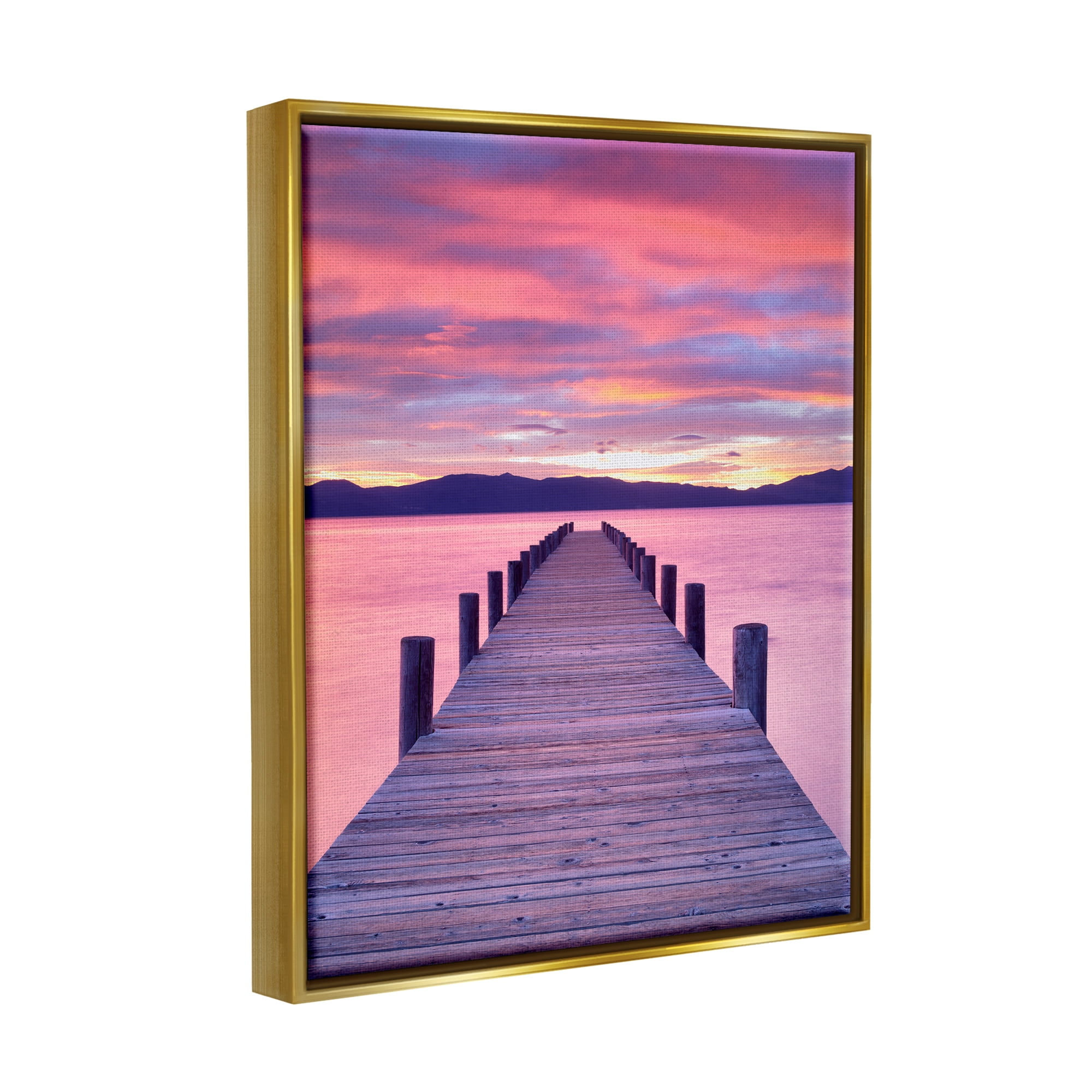 Stupell Industries Vivid Sunset Dock Coastal View Coastal Photography Gold Floater Framed Art Print Wall Art