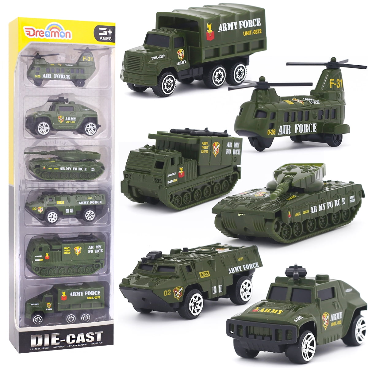 Dreamon Mini Pocket Size Military Play Models Truck Toys Tanks Helicopter for Kids Boys Age 3 4 5,Pack of 6