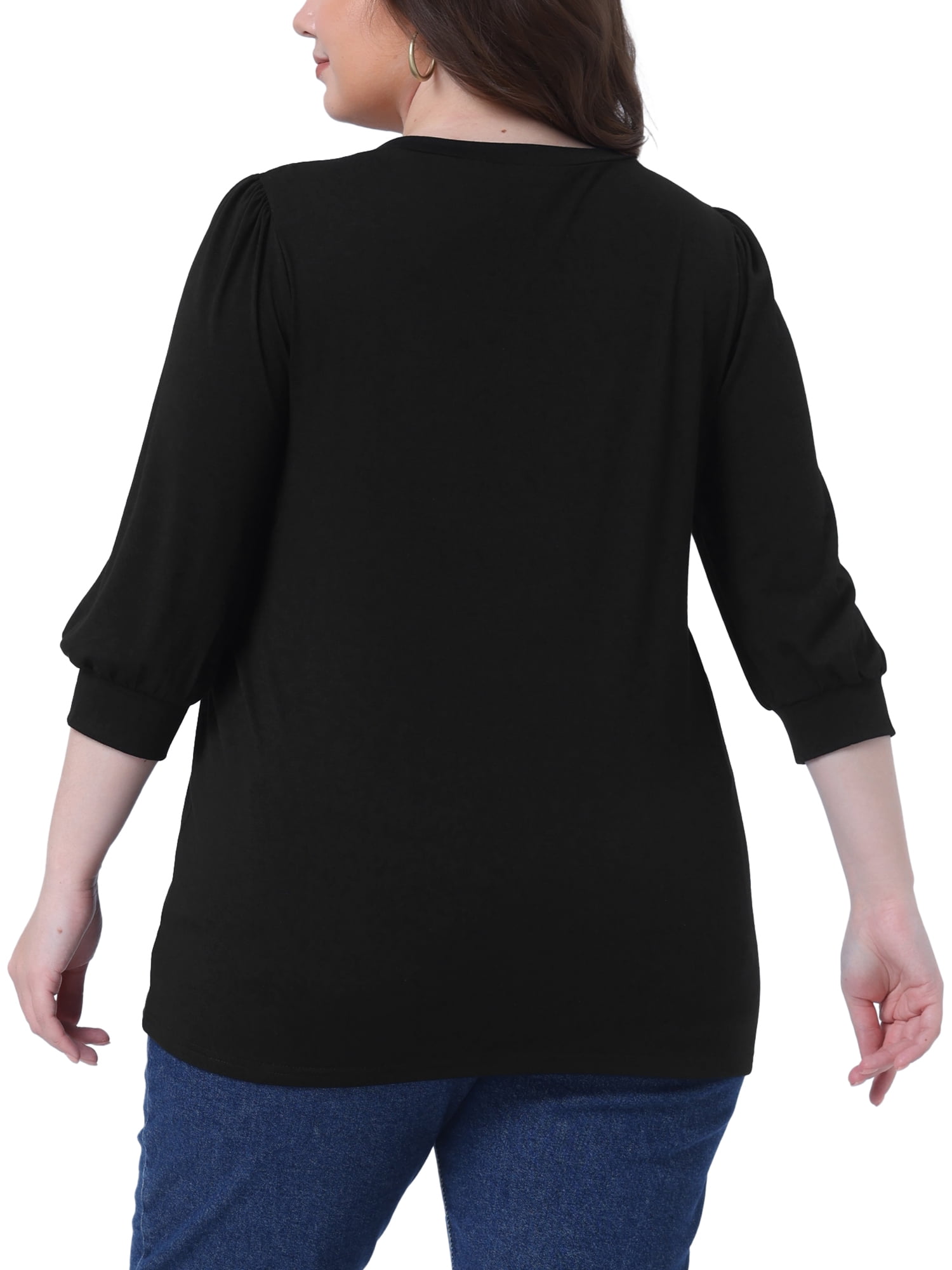 Women's Plus Top 3/4 Sleeve V Neck Button Decor Casual Solid Tees Shirts 4X Black
