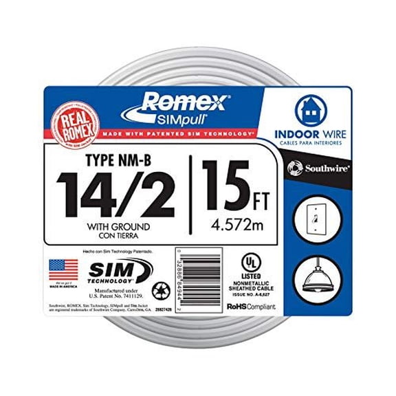 Southwire Romex Electrical Wire 14/2 NMW/G - Copper, PVC, UL Listed - 1 Piece, 15' — Indoor & Outdoor Use, NEC-Compliant