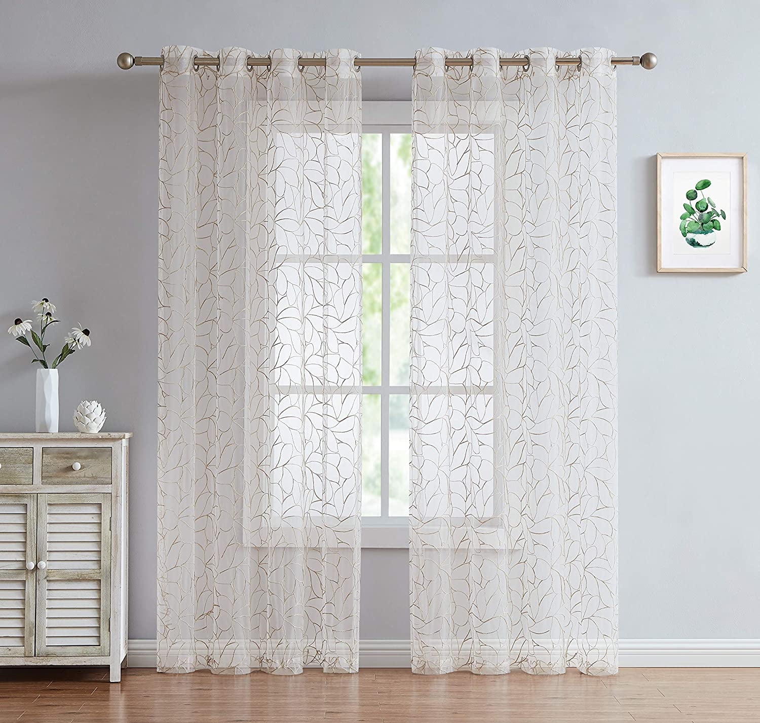 OLIVIA Set of Two Embroidered Voile Sheer Grommet Curtain Panels for