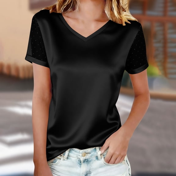 ClodeEU Women's Silk Satin V-Neck Short Sleeve T Shirt ,Summer Classic Fit Casual Basic Tee Tops Black,Womens Plus XXL