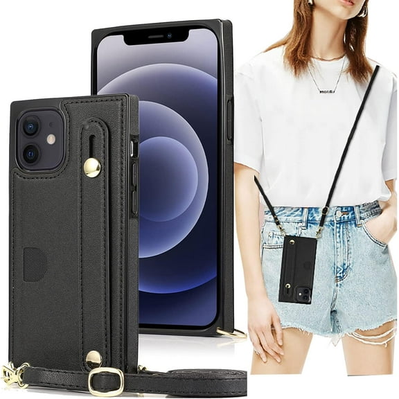 for iPhone 12 Mini Wallet Case for Women,Removable Adjustable Strap Crossbody Card Holders Cover Neck Strap Lanyard Purse Shoulder Strap w/Kickstand Purse Case for iPhone 12 Mini KB Black