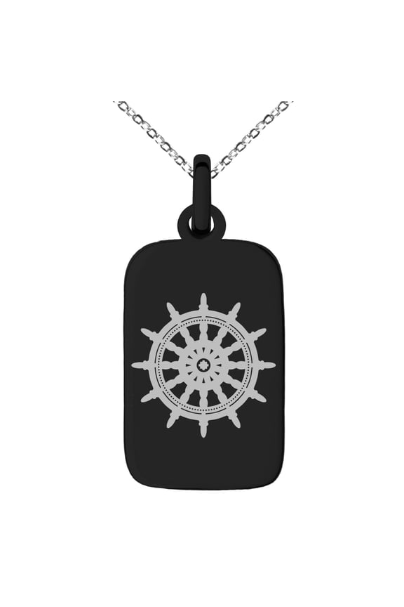 Stainless Steel Nautical Ship Helm Wheel Engraved Small Rectangle Dog Tag Charm Pendant Necklace