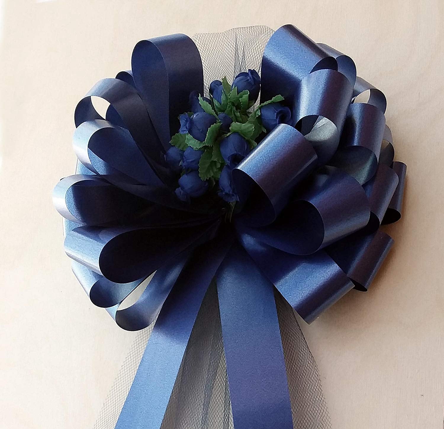 Navy Blue Wedding Pull Bows with Tulle Tails and Rosebuds - 8" Wide, Set of 6, Reception, Bridal Shower