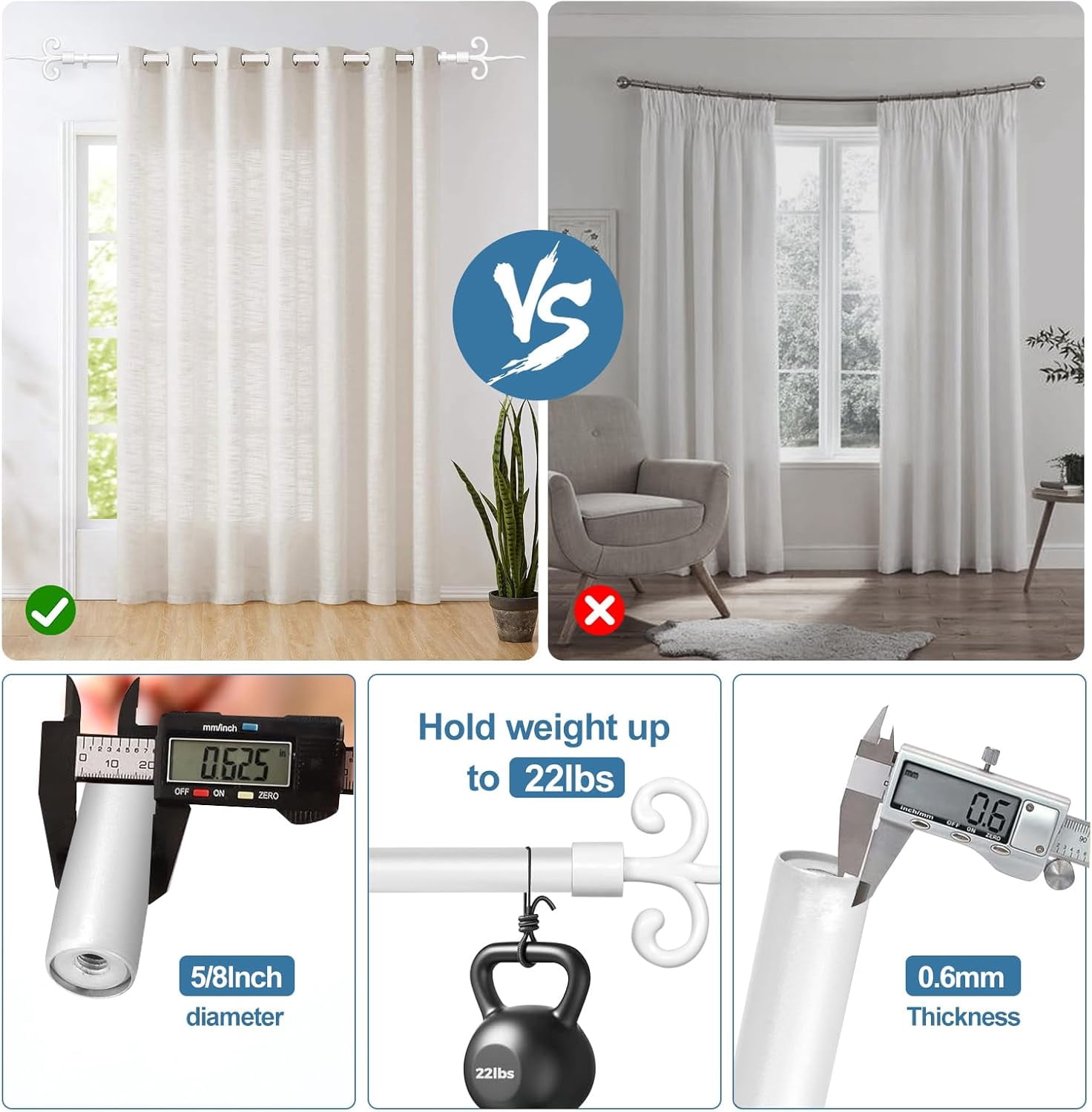 Urbanest Adjustable Single Curtain Rod Set With Flame Finials – 5/8-Inch Diameter, Glossy White, 48–84 Inches