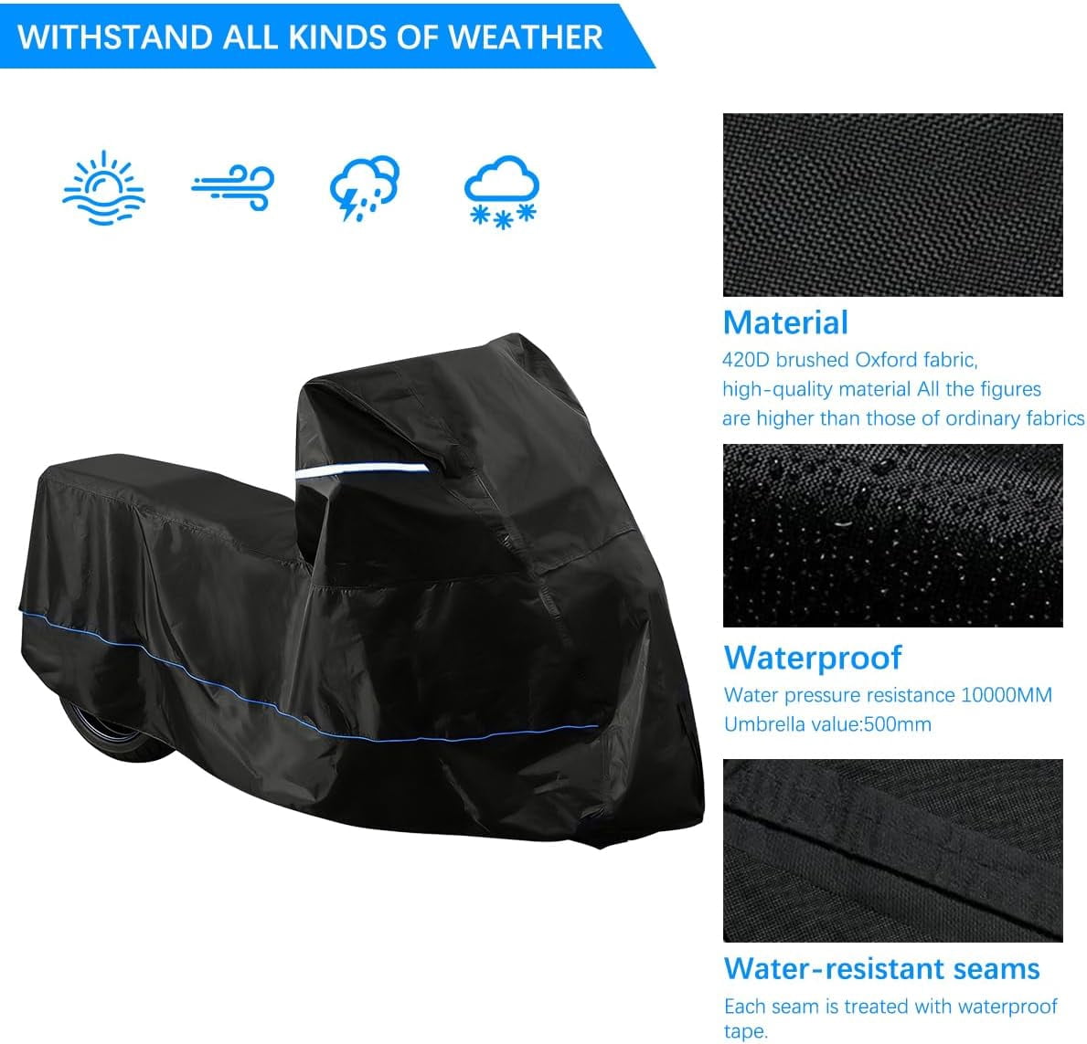 Motorcycle Cover 88.6”L, 420D Oxford Waterproof with High-Temp Resistant Bottom (550°C/1054°F), Heavy Duty Motorcycle Cover for Sport Cruiser Dirt Bike Scooter