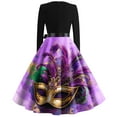 thumbnail image 3 of Fgvctg Womens Mardi Gras Dress Party Formal Glitter Mask Print Cocktail Dresses Classy V Neck 50's Midi Dress Long Sleeve Parade Carnival Flowy Clothes Purple 2XL, 3 of 5