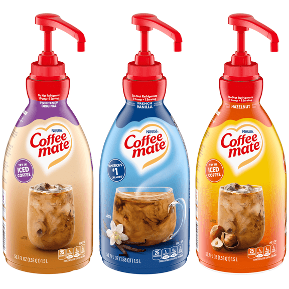 Coffee mate Liquid Concentrate 1.5 Liter Pump Bottles, 1 of each Flavor: Sweetened Original, French Vanilla, and Hazelnut