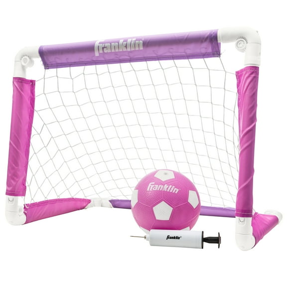 Franklin Sports Kids Mini Soccer Goal with Ball and Pump – 24inch x 16inch Folding Goal – Great For Backyard or Indoor Play – Pink/Purple