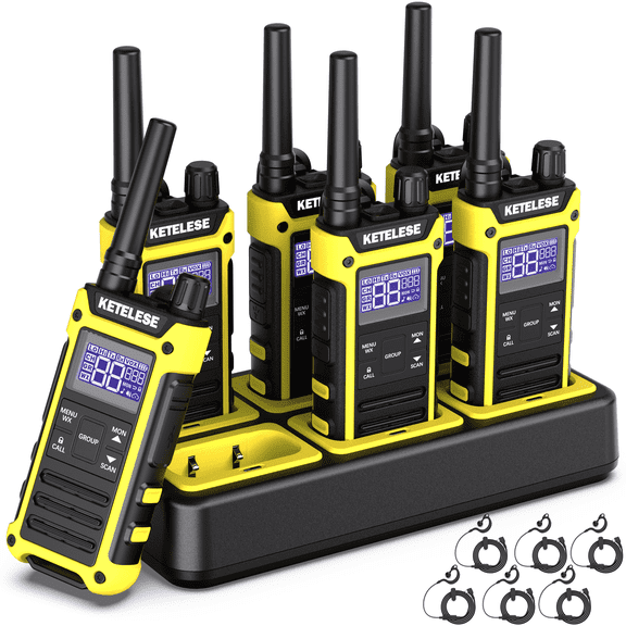 KETELESE T3F IP67 Waterproof Rechargable Walkie Talkies 6 Pack for Adults, with Earpiece and Mic, Shock Resistant, Dual PTT, One Key Group Call, VOX, NOAA&Wheather Alert, Black/Yellow