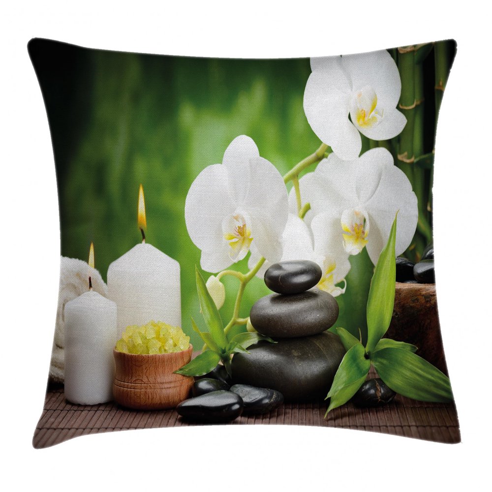 Spa Decor Throw Pillow Cushion Cover, Zen Stones with Orchid and