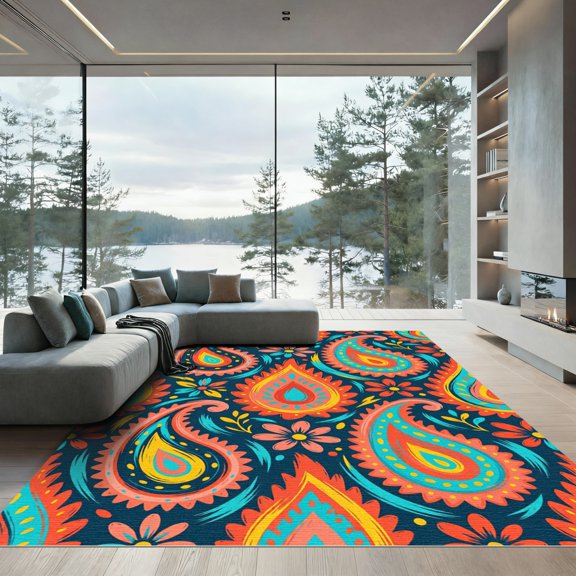 ODIKA 4' x 6' Machine Washable Non-Slip Area Rug, bohemian paisley High Traffic Rug, Blue, 1278931