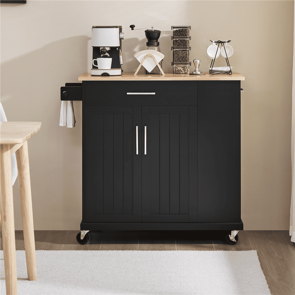 Alden Design Kitchen Island Cart with Solid Wood Top and Storage, Black