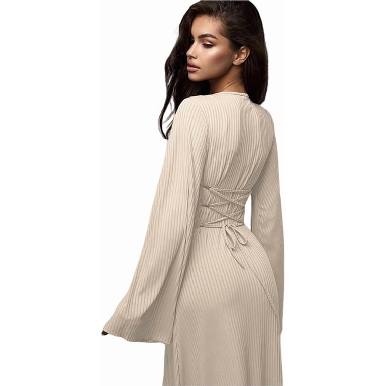 ZANKLEY Women's Scoop Neck Lace Up Ribbed Maxi Dress Knit Flare Sleeve Bodycon Dress Loose Casual Long Dresses, Size: Small