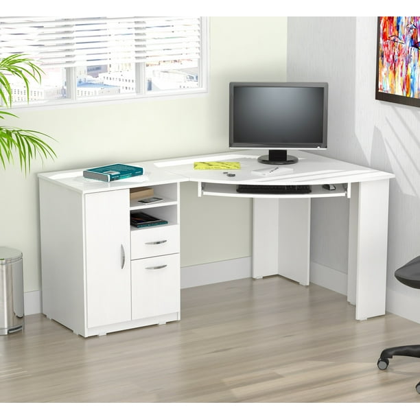 Inval Modern Corner Desk With 2 Drawers, White Corner Desk With Filing Cabinet