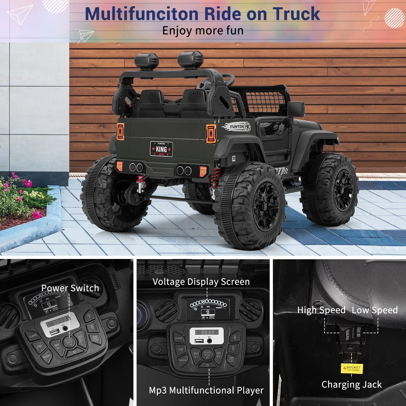 Funtok 24V Electric Powered Ride on Truck Car for Kids,2 Seaters Ride on Toy, Remote Control and Storage Space
