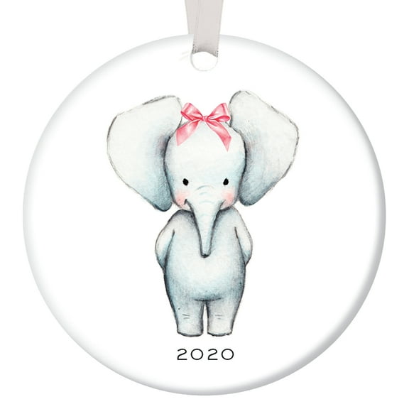 Baby Ornament 2020, Girl Baby Elephant Porcelain Ceramic Ornament, 3" Flat Circle Christmas Ornament with Glossy Glaze, White Ribbon & Free Gift Box | OR00068 Audrey