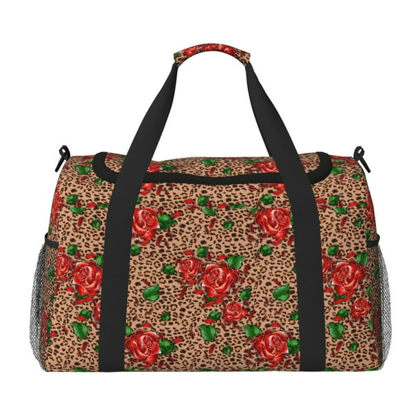 Balery Rose Mix Leopard 1 Bolsa de Gimnasio para Mujeres, Bolsa de Viaje con Bolsillo Húmedo, Bolsa de Fin de Semana para Mujeres, Bolsa de Viaje Resistente al Agua