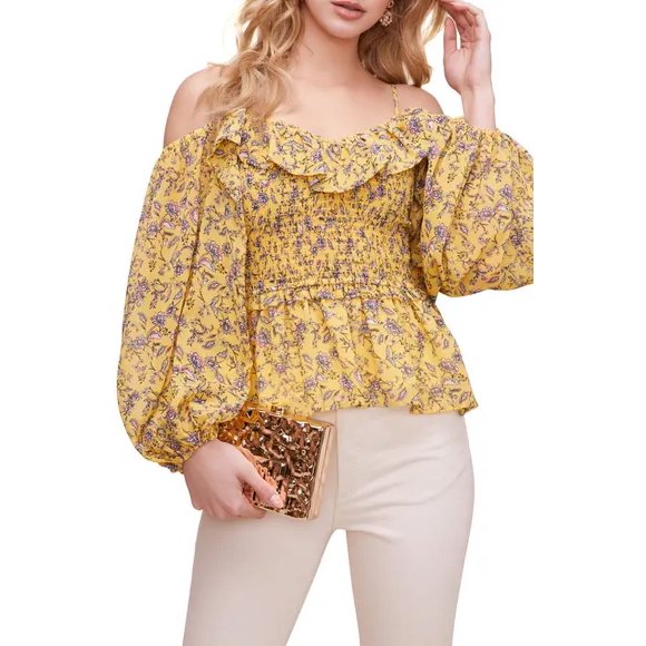 ASTR Ruffle Off The Shoulder Smocked Top Yellow Floral Size XS