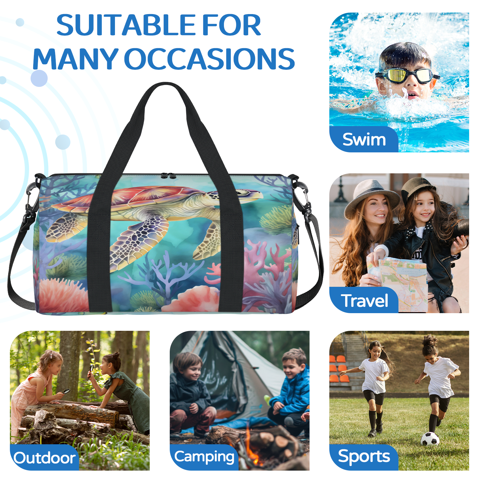 Herdesigns Sea Turtles Ocean Tortoise Gym Bag for Women, Duffle Bag for Travel Sport, Lightweight Waterproof Carry on Weekender Overnight Dance Yoga Workout Bags