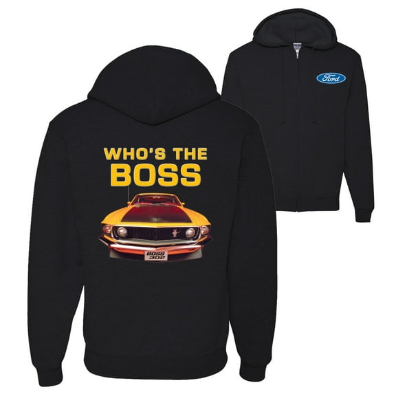 Who's The Boss Yellow 1969 Mustang 302 Front Back Cars and Trucks Graphic Zip Up Hoodie Sweatshirt, Black, Small