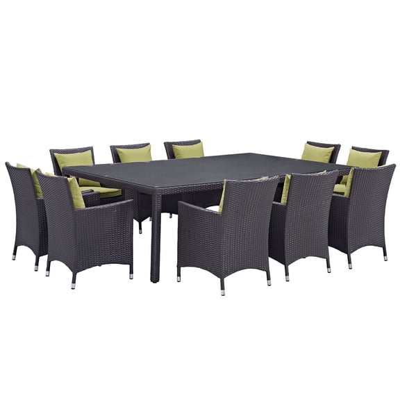 Modern Contemporary Urban Design Outdoor Patio Balcony Eleven PCS Dining Chairs and Table Set, Green, Rattan