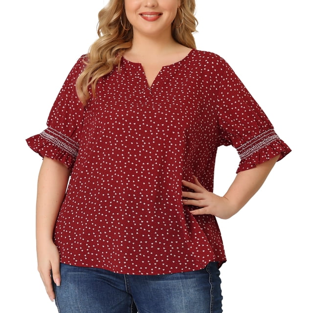 Women's Plus Size Blouse Pin Dots Smocked Floral Boho Blouses Red 2X