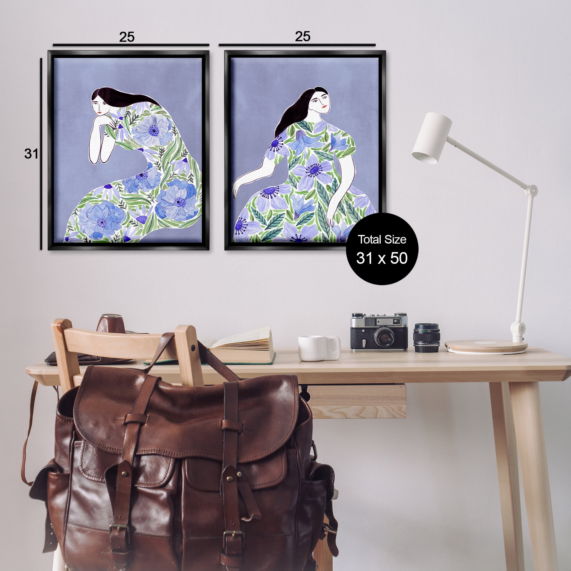 Stupell Industries Floral Women on Purple People Painting Black Floater Framed Canvas Art Print Wall Art, 31 x 25, Set of 2