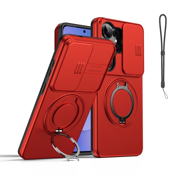 Mynvo Case for Samsung Galaxy S26 Ultra with Wrist Strap, Built-in Ring Holder Kickstand & Slide Camera Cover Non-Slip Anti-Fingerprint Shockproof Protective Bumper for Women Men, Red