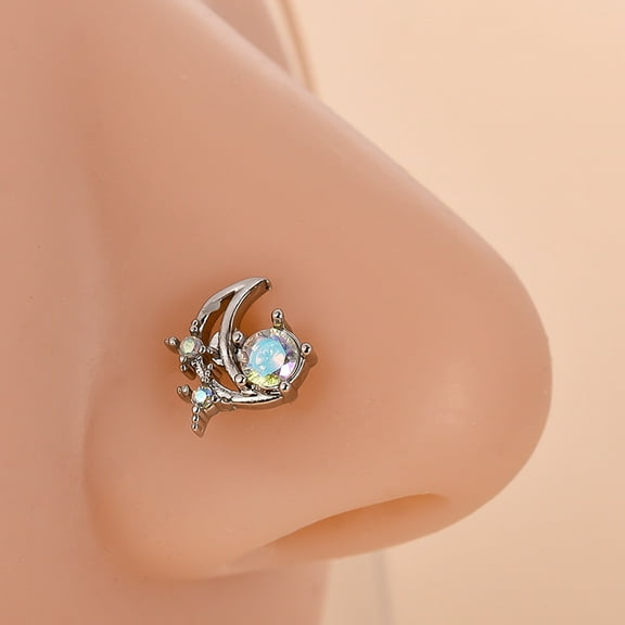 316L Surgical Stainless Steel Clear Cubic Zirconia L-Shaped Nose Rings Stainless Steel color Moon 7mm Pin: 0.8mm