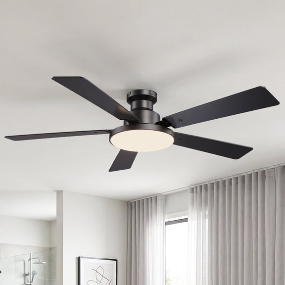 Vaczon 52" Modern Smart Black Flush Mount Ceiling Fan with Dimmable LED Light and Remote, APP Control