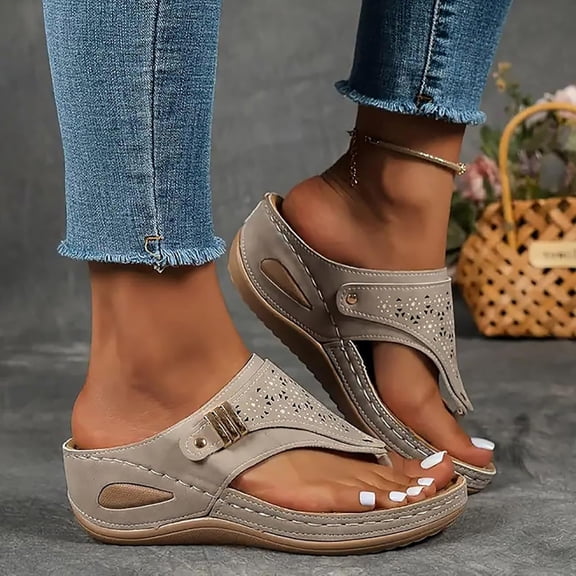 Orthopedic Wedge Sandals for Women 2025 Dressy Summer Comfortable Arch Support Casual Slip on Flats Flip Flops for Women Ladies Beach Outdoor Slides Slippers Shoes