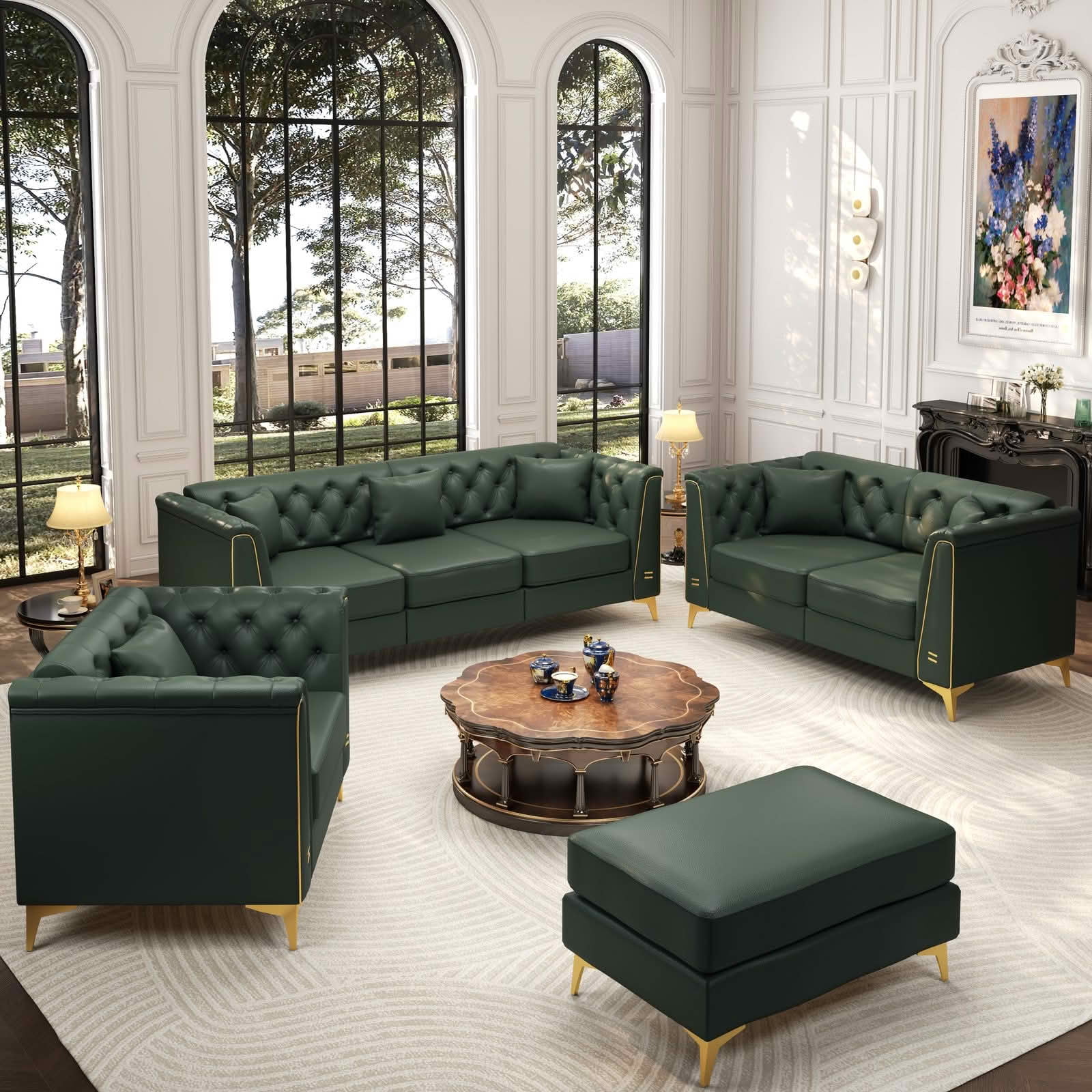 MAYEERTY Light Luxury Modular Chesterfield Sectional Sofa Set, Faux‑Leather Combination with Button Tufting, Metal‑Trim Armrest & Slim Metal Legs, 6 Pillows Included for Living Room