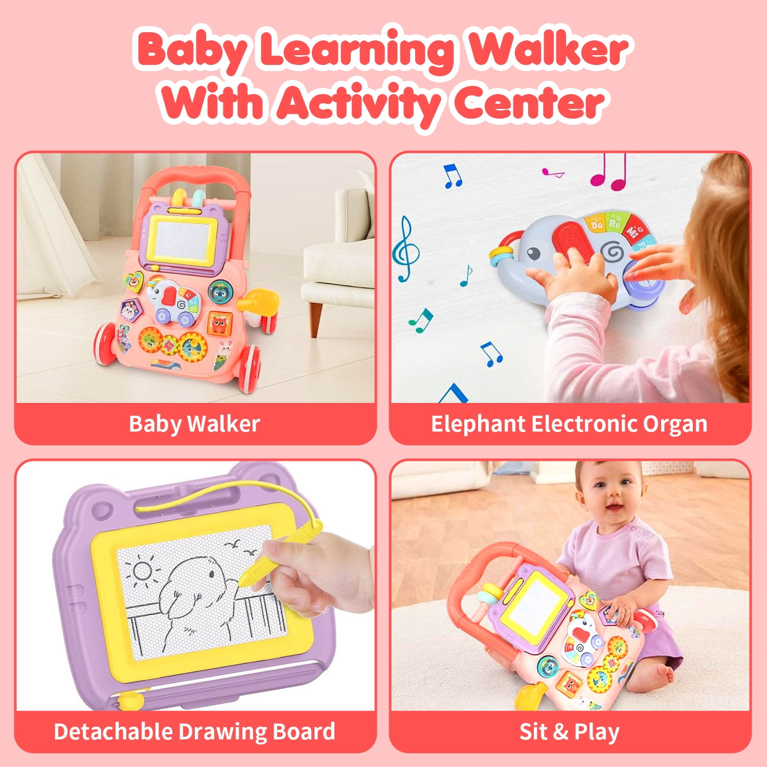 Hot Bee Sit-to-Stand Learning Walker, 2 in 1 Baby Walker with Drawing Board, Early Educational Activity Center