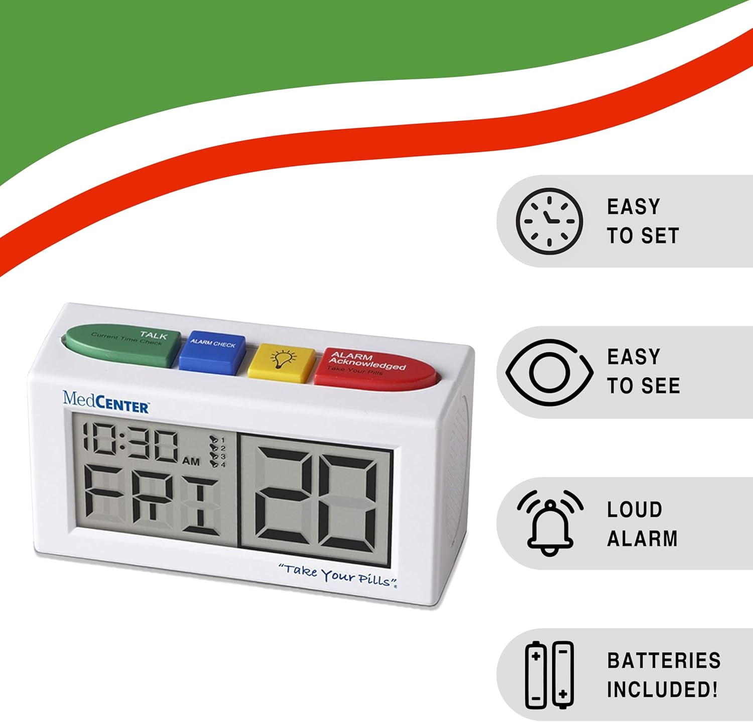 FSA/HSA Medcenter Talking Alarm Clock – Medication Reminder with Easy-Set Alerts for Seniors, Extra-Large Display, 0.56 lb, White