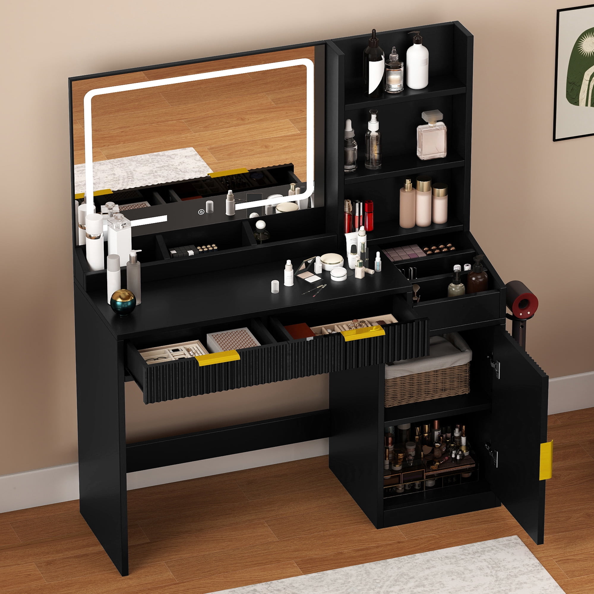 Uforic Vanity Desk with Mirror and LED Lights, Makeup Vanity Table with 2 Drawers & 11 Shelves, Makeup Table with Power Outlet for Bedroom Dressing Room,Black