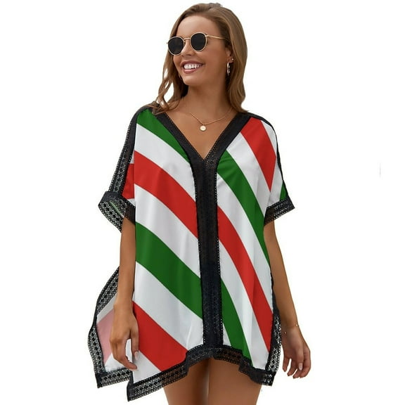 Red, White & Green Candy Cane Pattern Beach Cover Ups for Women Bathing Suit Cover Up Lace Bikini Swimsuit Coverup Beach Dress Shirt One Size