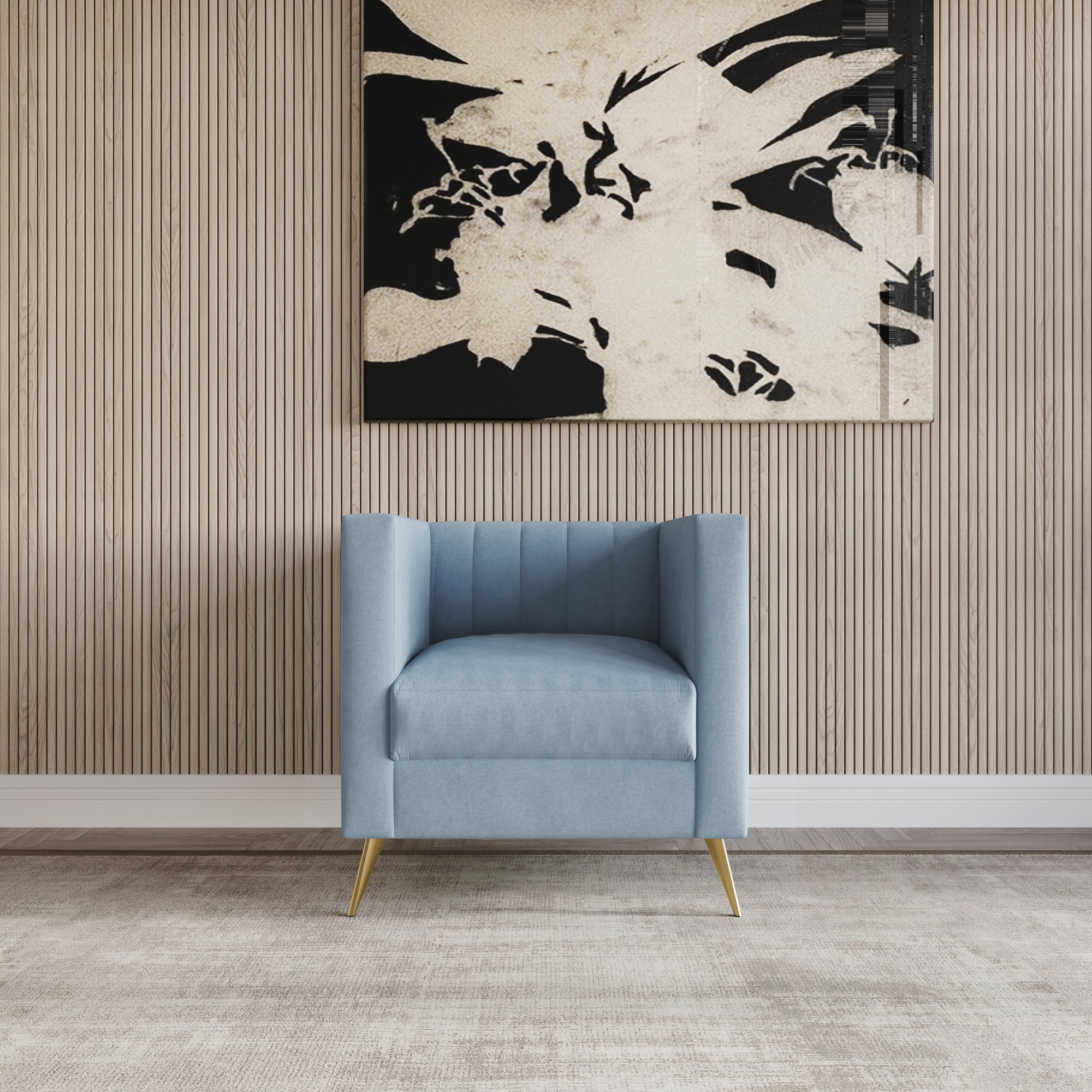 Home Design Weiss 3-Piece Velvet Square Arm Living Room Set with Sofa, Loveseat, and Armchair, Channel-Tufted Back, Gold Legs, Blue