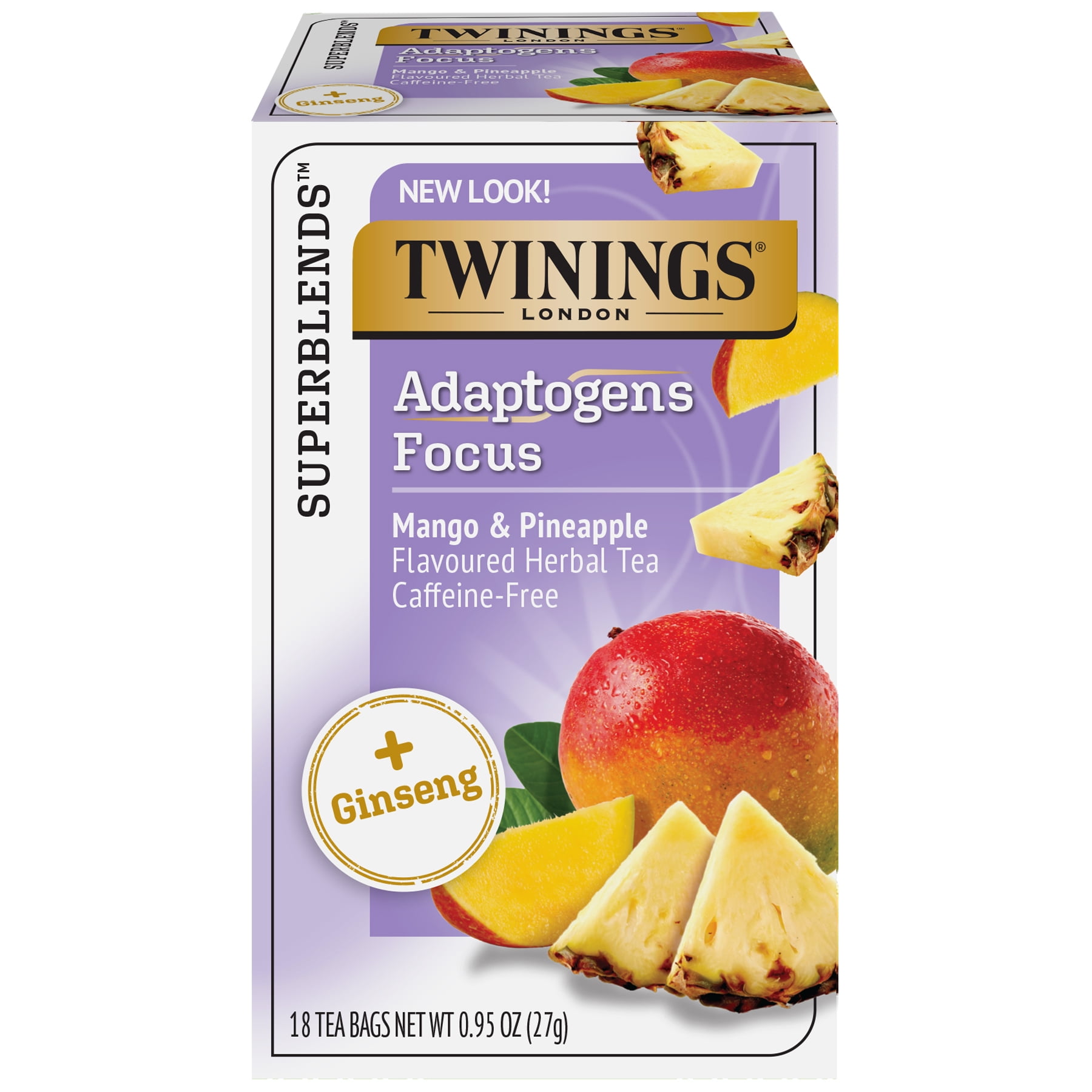 Twinings Superblends Adaptogens Focus Mango & Pineapple Flavoured Herbal Caffeine Free Tea + Ginseng, 18 Tea Bags