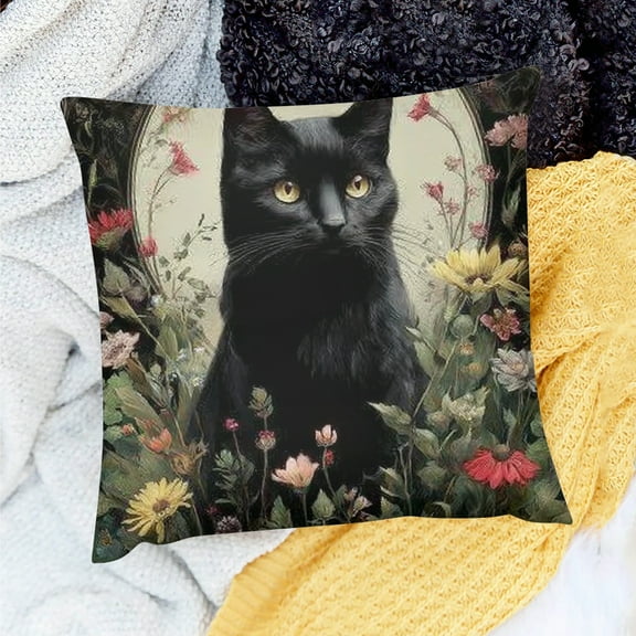 ZFLMY Wildflower Black Cat Pillow Covers , Cat Lover Mom Lady Gifts, Vintage Dark Cottagecore Black Kitten Decorative Throw Pillow Covers for Bedroom Living Room Home 18x18in